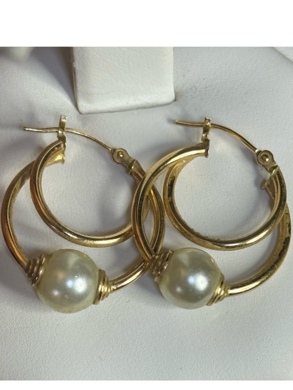 14k YG Pearl Double Hoop Earrings